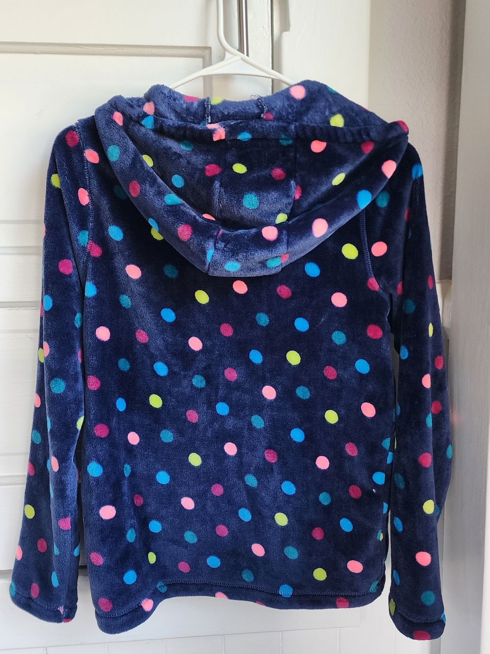Kids XL NwT Lands' End Navy Fleece Hoodie with Neon Polka Dots and Pink Trim - Picture 3 of 6